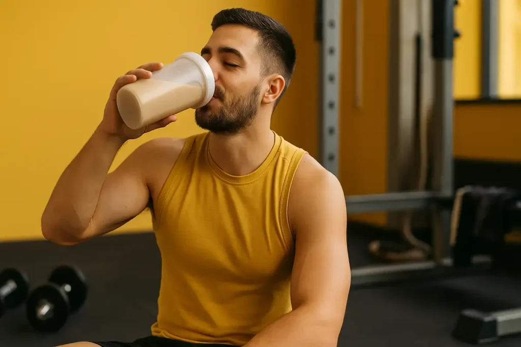 athlete drinking post-workout mass gainer shake after training for best results