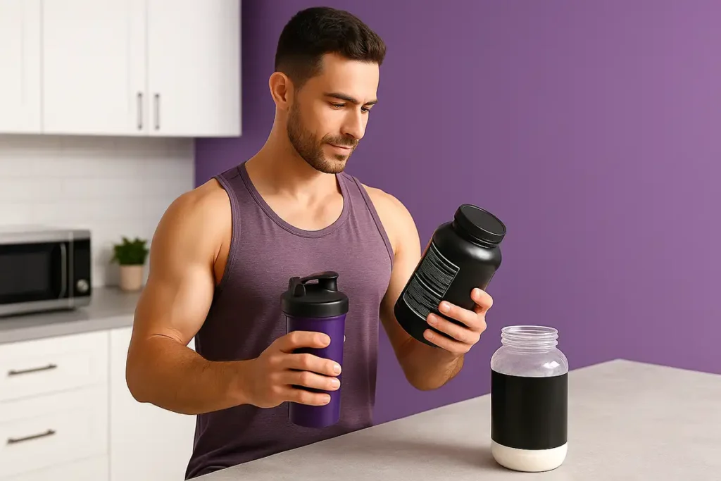 Athlete reading supplement label before using mass gainer shake safely