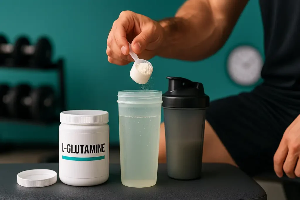 hand pouring l-glutamine powder into shaker bottle showing supplement timing