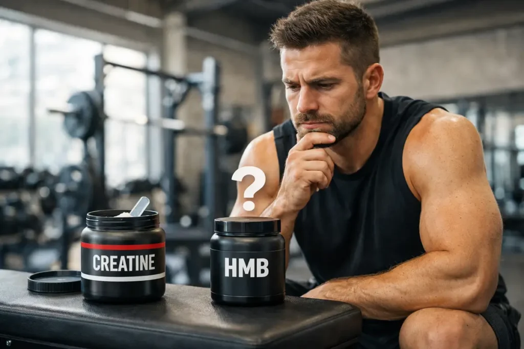 Gym lifter deciding whether to add HMB to existing creatine routine with both supplements visible on gym bench