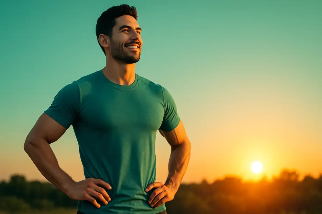 confident athlete under sunrise symbolizing consistency and long term recovery benefits of glutamine