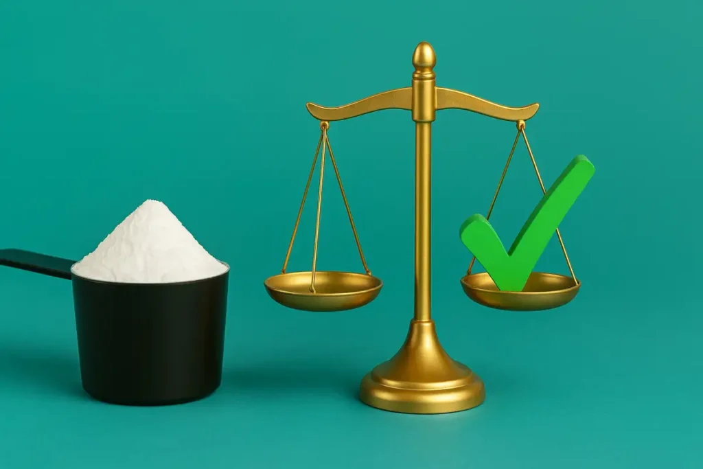 safe dosage balance concept with glutamine scoop and checkmark