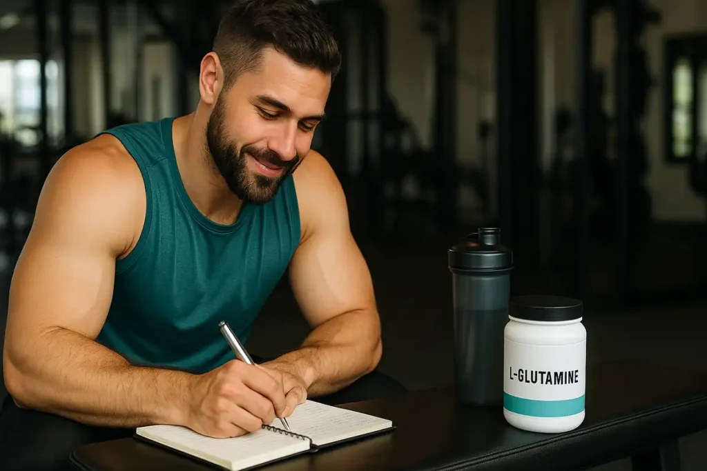 fitness coach writing notes with l-glutamine supplement nearby