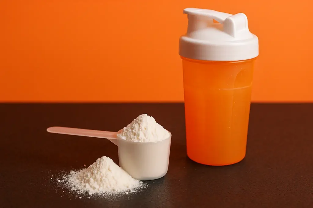 Scoop of creatine monohydrate powder next to shaker bottle in gym setting for strength gains