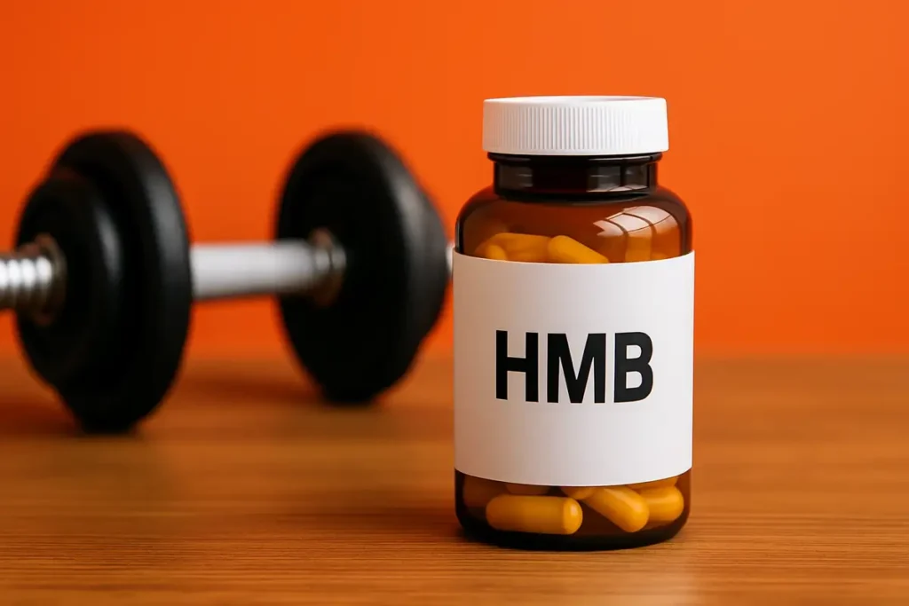 HMB capsules bottle with dumbbells in background for muscle preservation and recovery