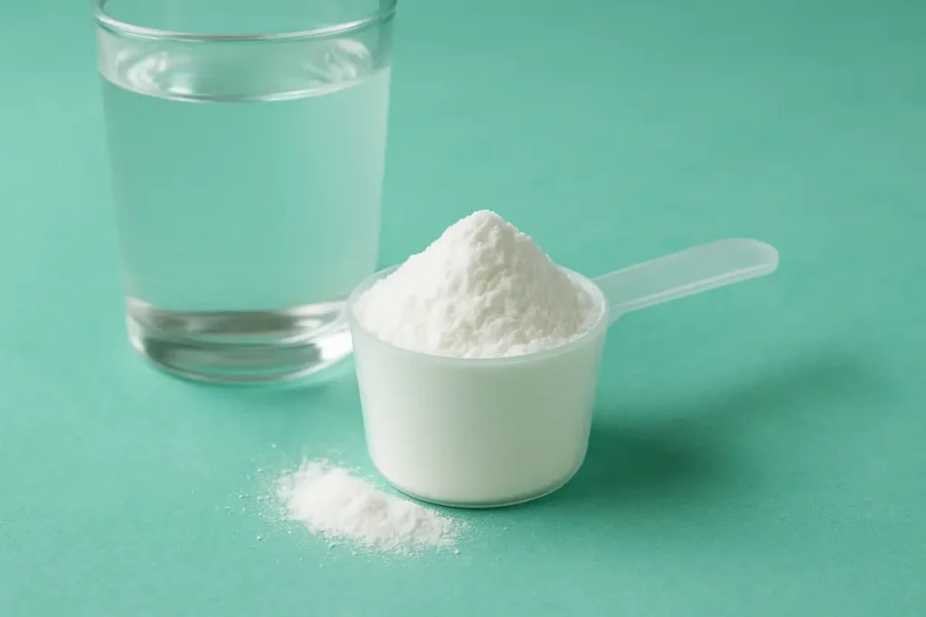 l-glutamine supplement powder with scoop on clean surface