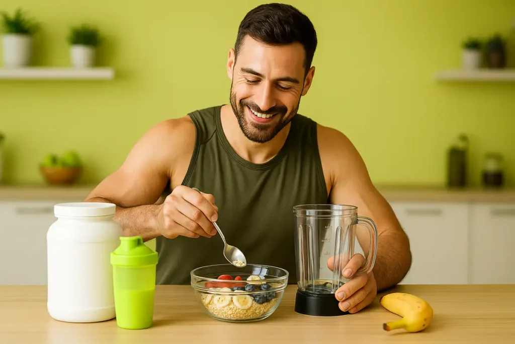fitness coach preparing morning whey smoothie with fruits and oats