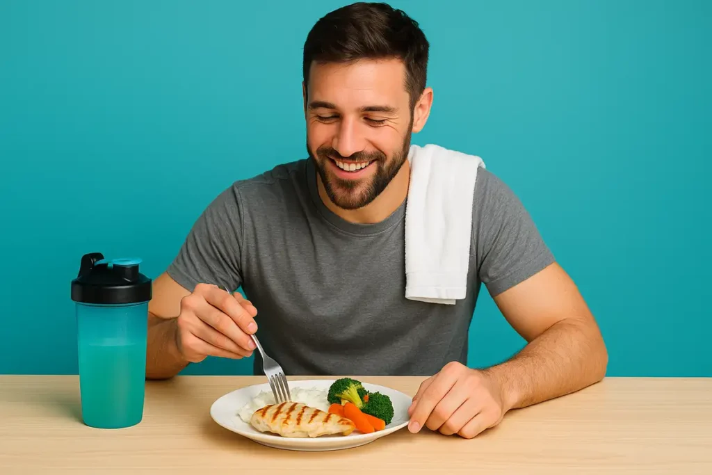 Fitness coach enjoying post-workout BCAA-rich meal as part of daily muscle recovery routine