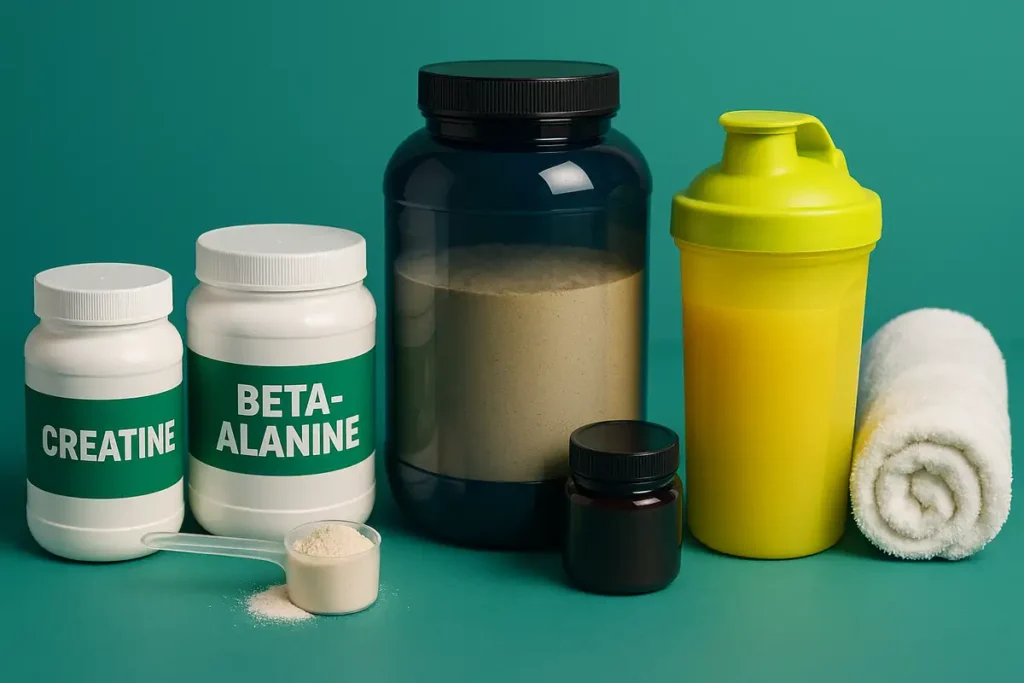 lineup of creatine beta-alanine whey protein and shaker bottle on teal background fitness supplement stack