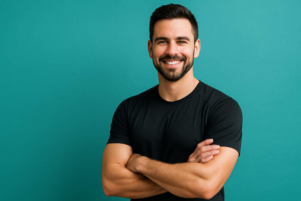 fitness coach giving professional advice about probiotic mass gainers in gym environment