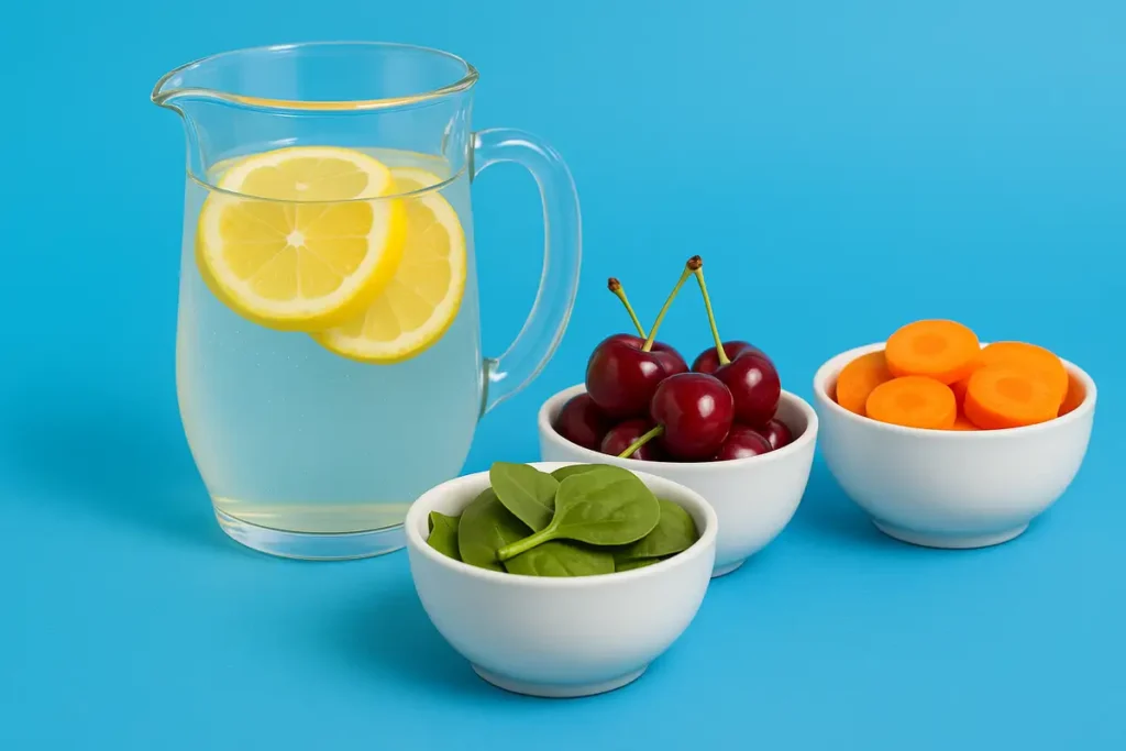 Realistic display of electrolytes and creatine powder on bright blue background