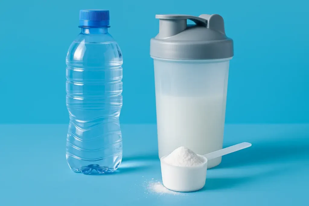 Realistic water bottle, shaker, and creatine scoop on bright blue hydration background