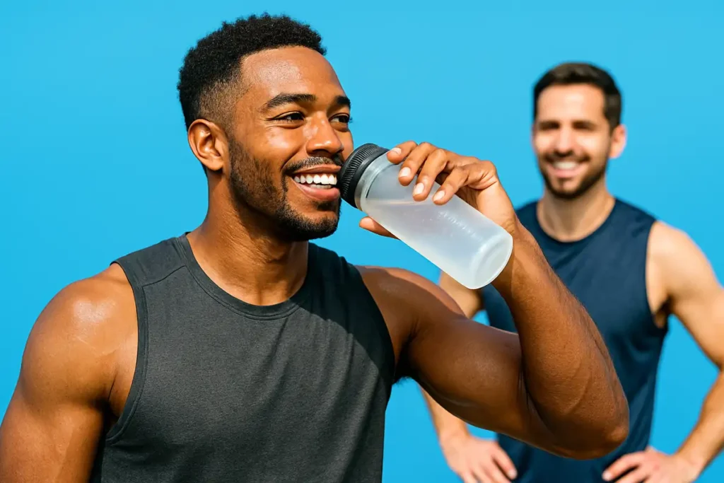Real-looking athletes hydrating after workout showing creatine performance benefits