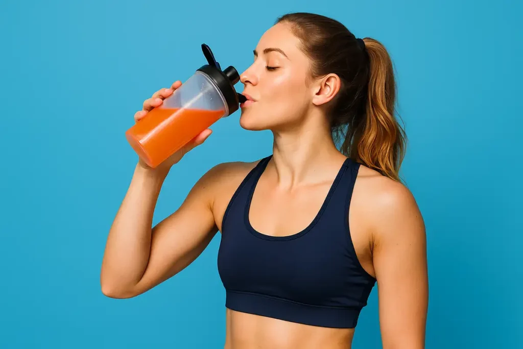 Realistic creatine routine with water, electrolytes, and meal on bright blue background