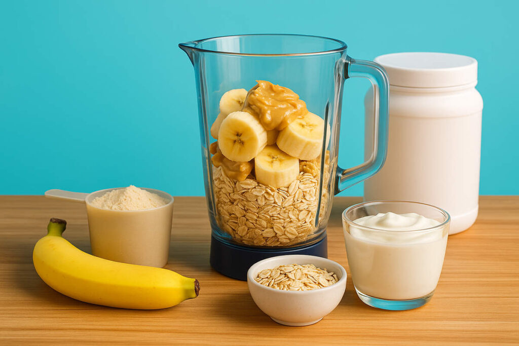 homemade probiotic mass gainer smoothie with oats banana whey and yogurt in blender