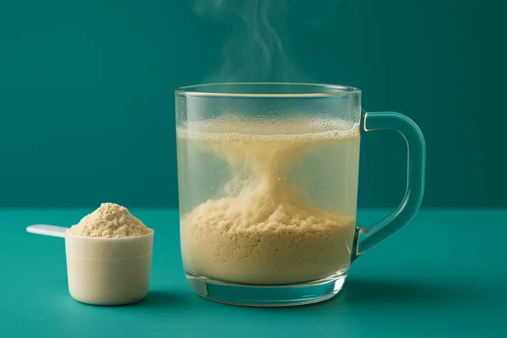Whey protein mixing in hot water to demonstrate heat effect on whey protein texture