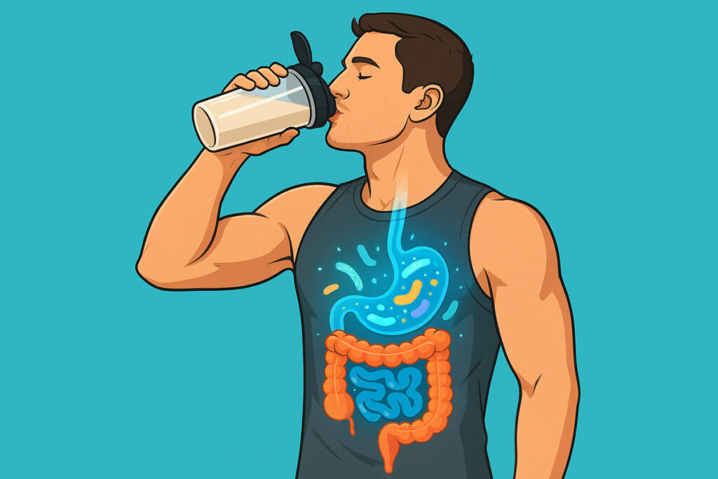 illustration of probiotics improving digestion inside gut after drinking mass gainer