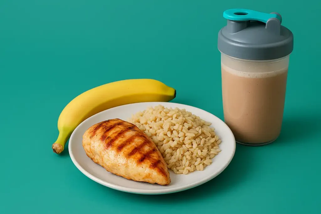 balanced pre-workout meal plate with chicken breast rice banana and protein shake