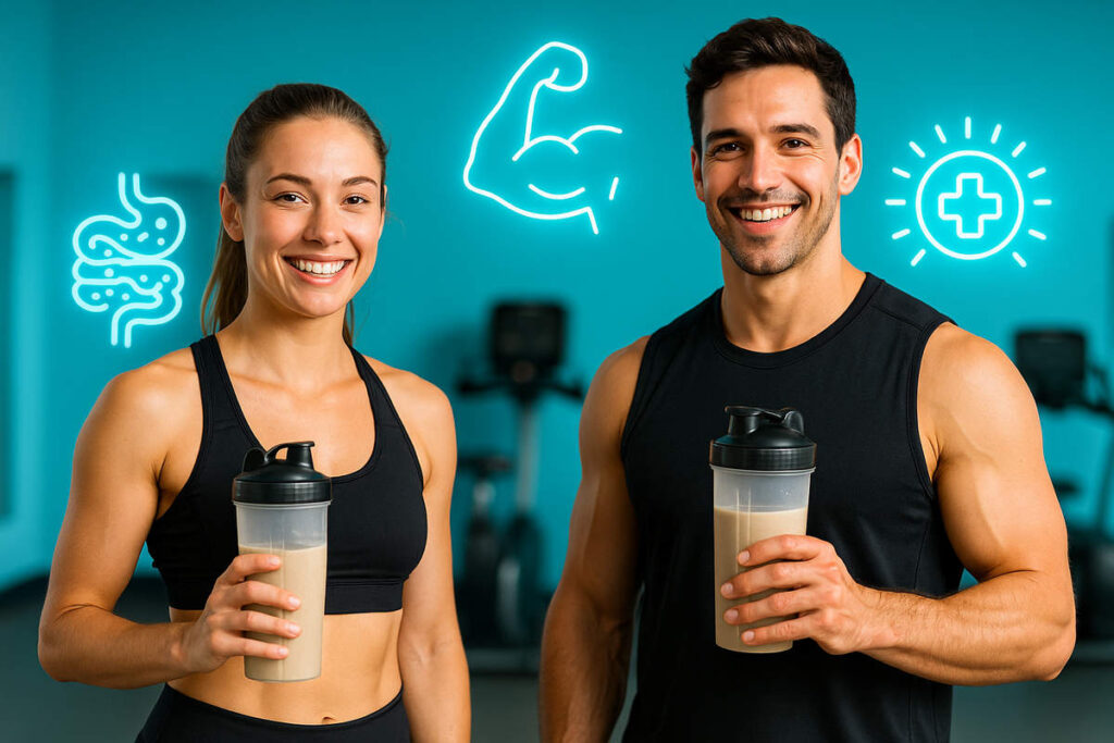 fit athletes holding protein shakers with icons of muscle growth and gut health benefits