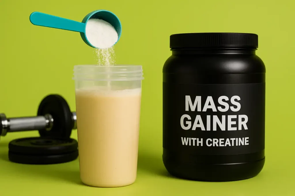 Scoop of creatine added to a mass gainer shake to show benefits of mass gainer with creatine