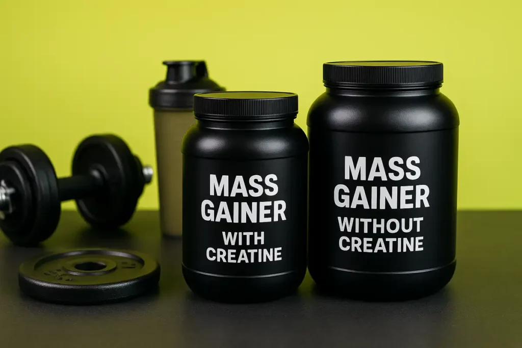 Comparison of mass gainer with creatine vs without creatine on a gym bench for muscle gain decisions