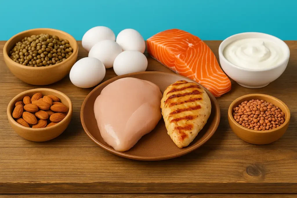 Chicken, eggs, fish, and nuts – natural BCAA foods for protein-rich meals that support muscle growth and recovery