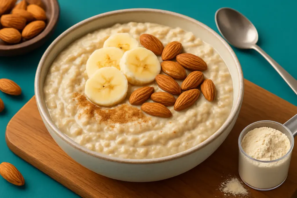 oatmeal bowl with whey protein and banana slices