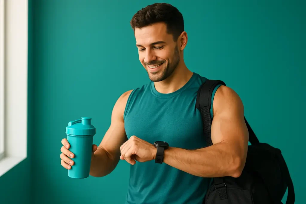 athlete checking watch with shaker bottle before gym workout representing ideal meal timing