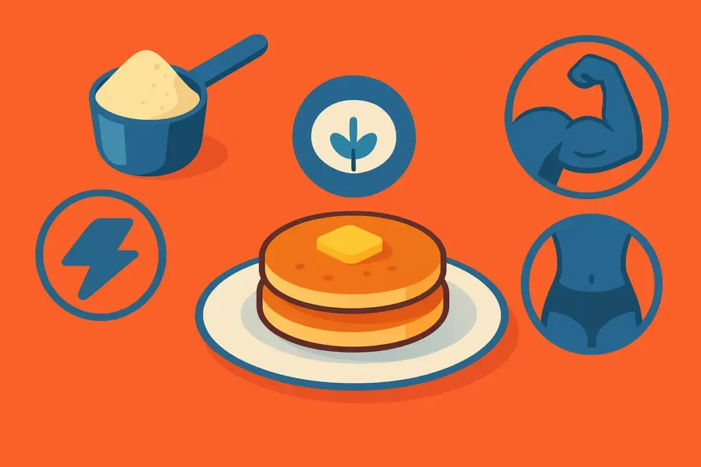 Isometric graphic showing high-protein benefits with whey scoop and fitness icons