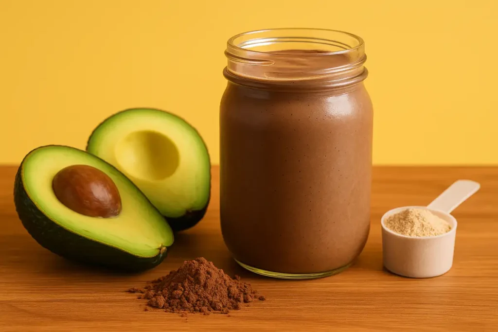 avocado chocolate whey protein smoothie with cocoa and scoop on yellow background