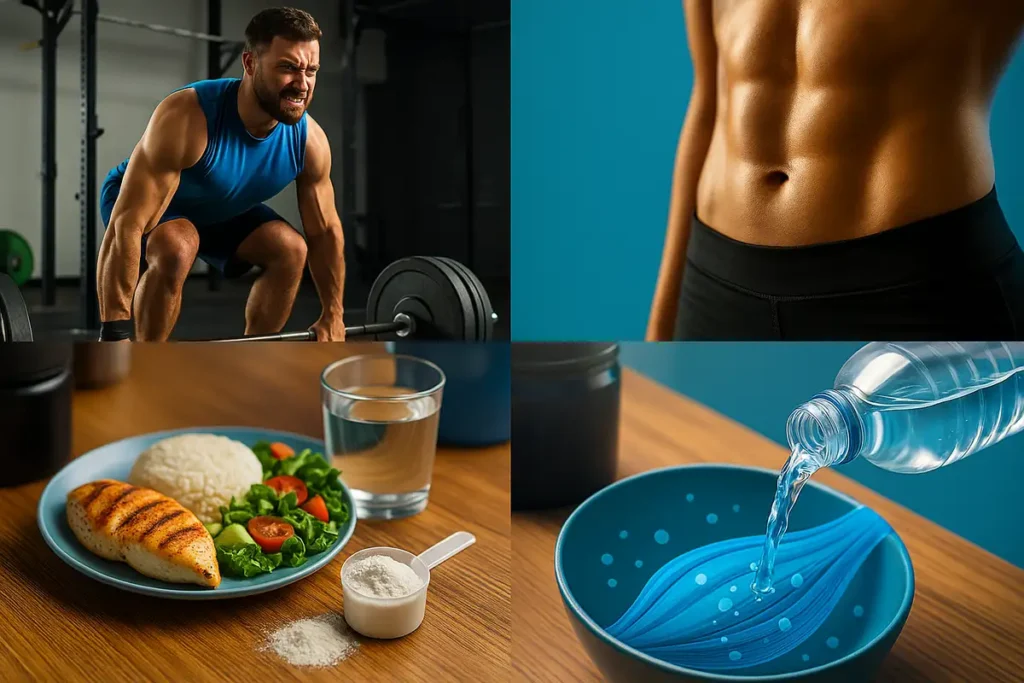 Cinematic collage showing training, meals, and hydration factors that boost creatine absorption