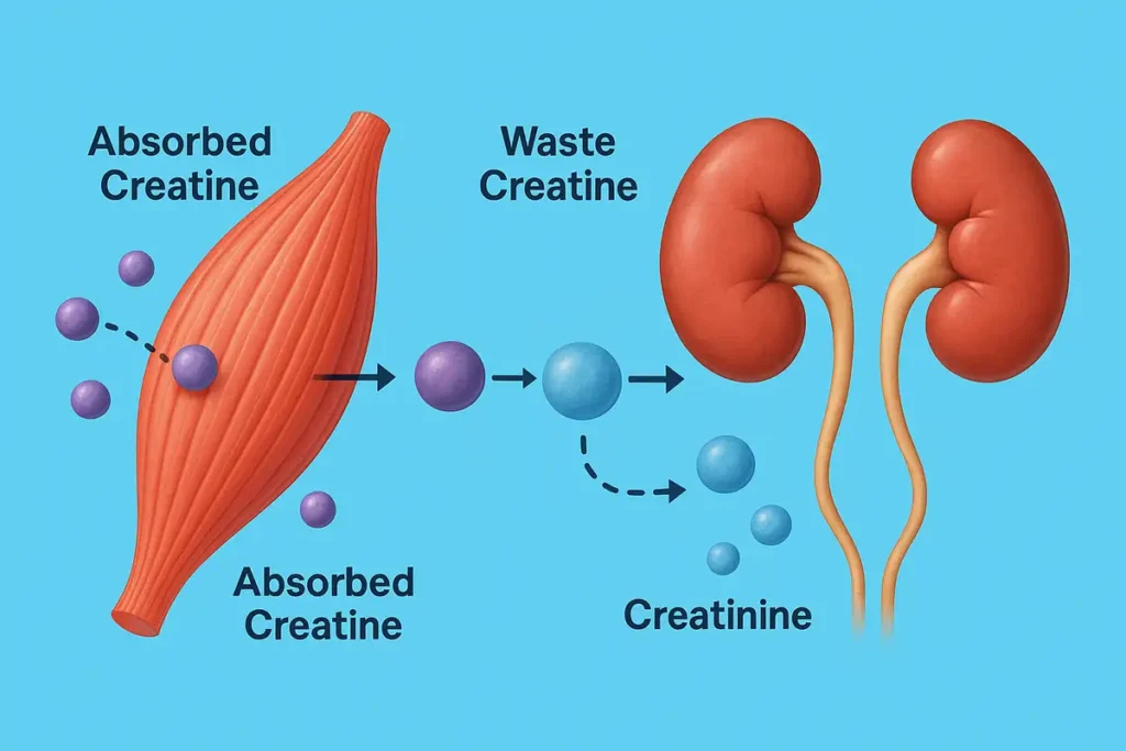 Diagram illustrating how unused creatine is converted into creatinine and excreted.