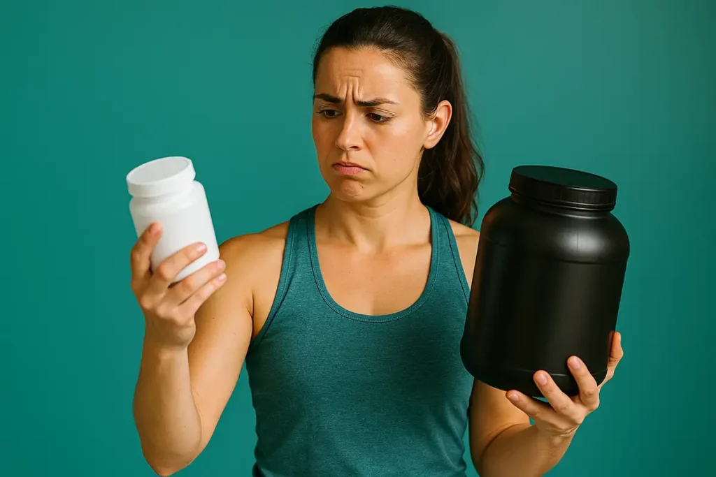 isometric scene comparing creatine serving sizes and supplement containers