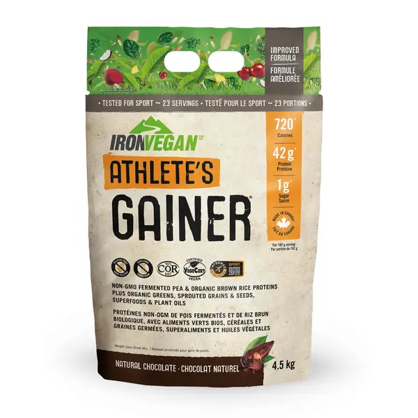 Iron Vegan Athlete's Gainer certified gluten-free plant-based mass gainer with pea and rice protein blend for vegan bulking