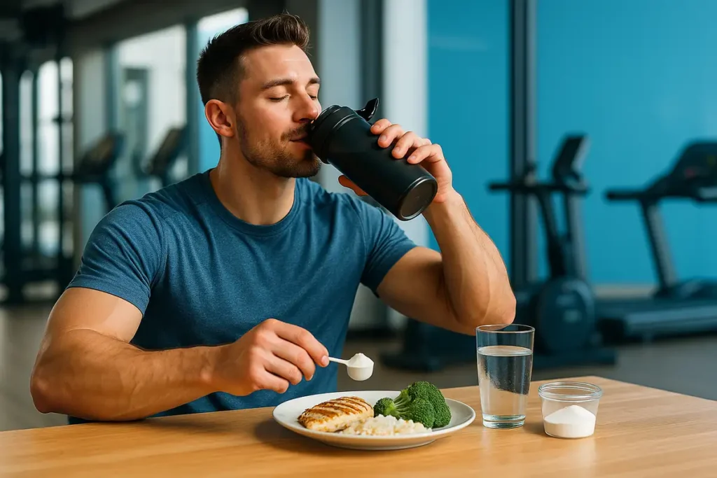Athlete taking creatine with a post-workout meal to maximize absorption