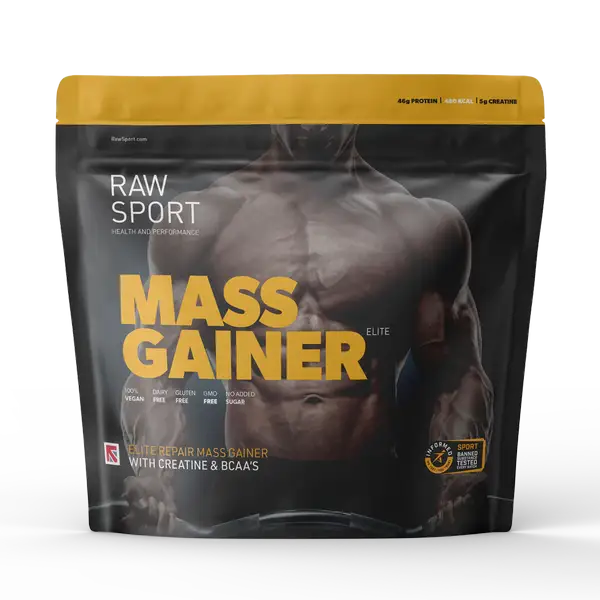 Raw Sport Mass Gainer gluten-free protein powder with added creatine BCAA and digestive enzymes for lean mass recovery