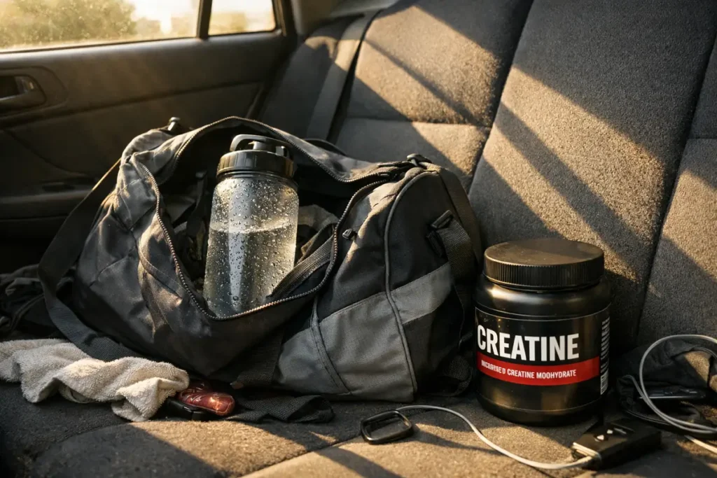 Common mistake of storing creatine water bottle in hot gym bag leading to degradation