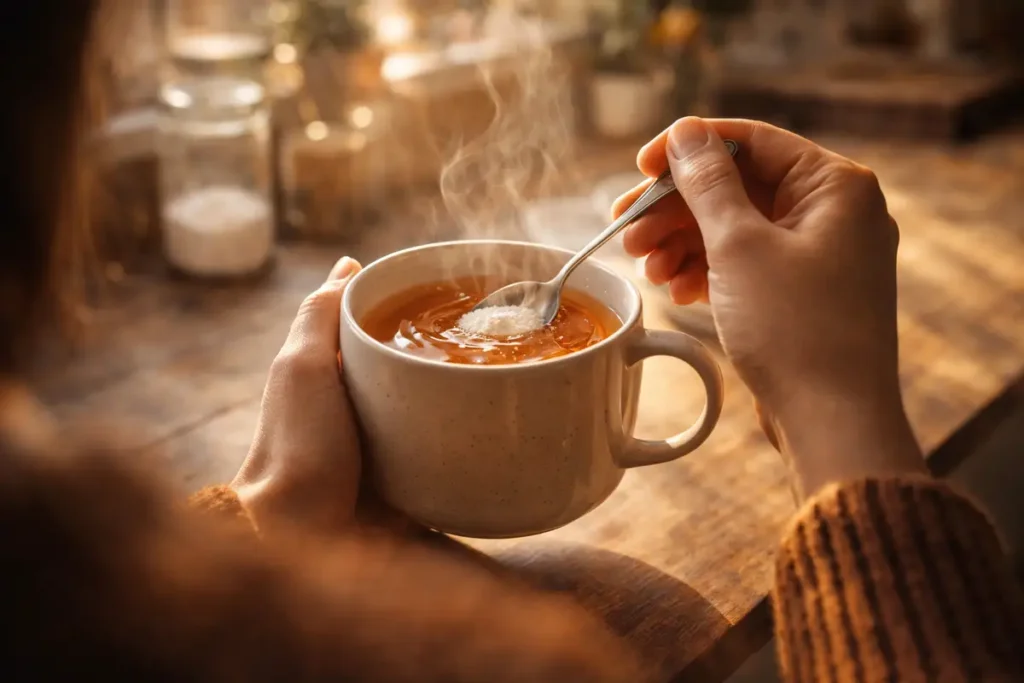 Hands stirring creatine powder into warm tea for better dissolution