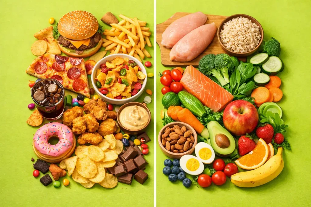 Side-by-side comparison of junk food and clean whole foods showing what eating clean really means.