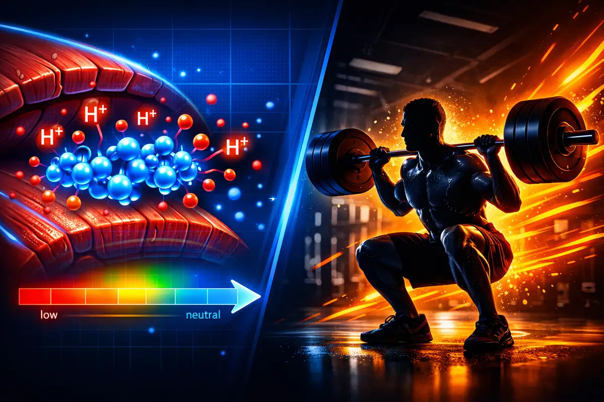 Beta-alanine carnosine buffering hydrogen ions in muscle cell with athlete performing high-intensity squat