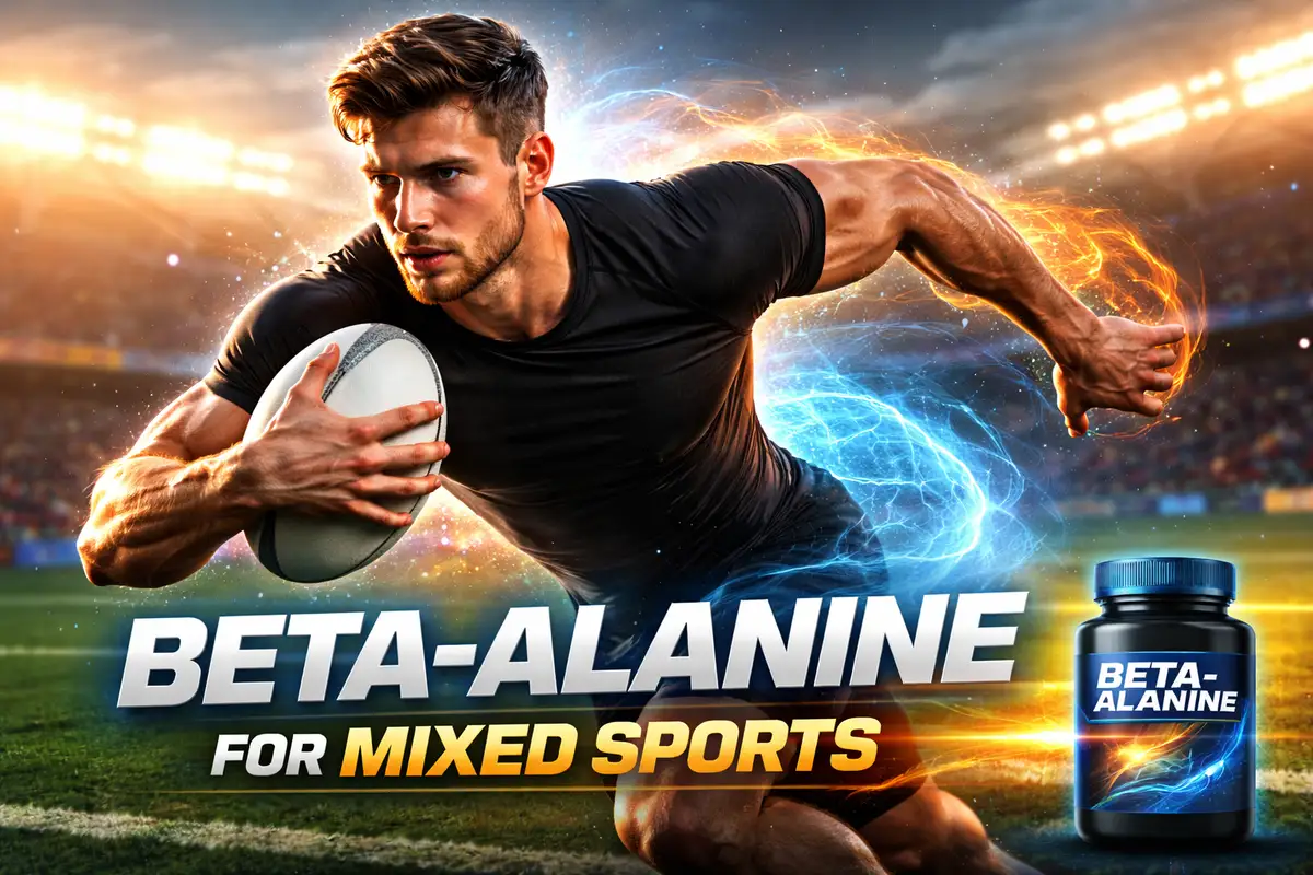 Beta-alanine for mixed sports – rugby athlete sprinting with supplement bottle, boosting power and endurance.
