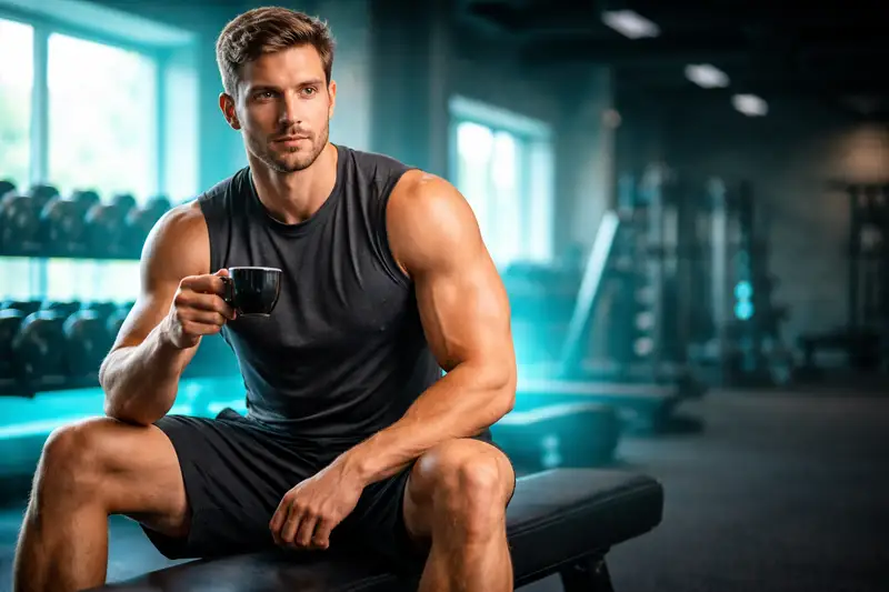Pro fitness coach holding espresso during deload week gym session explaining caffeine strategy for recovery and performance