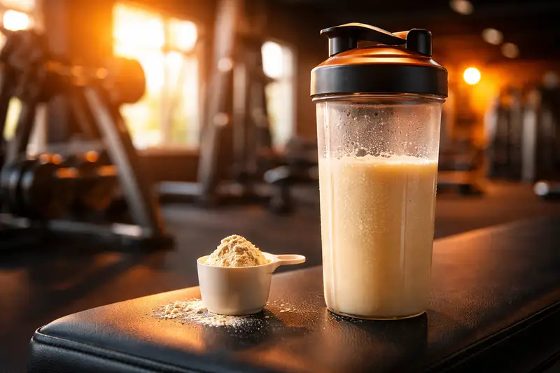 Half serving of mass gainer powder in a scoop next to a shaker bottle on a gym bench, illustrating how to use mass gainer for gradual lean weight gain without bloating.