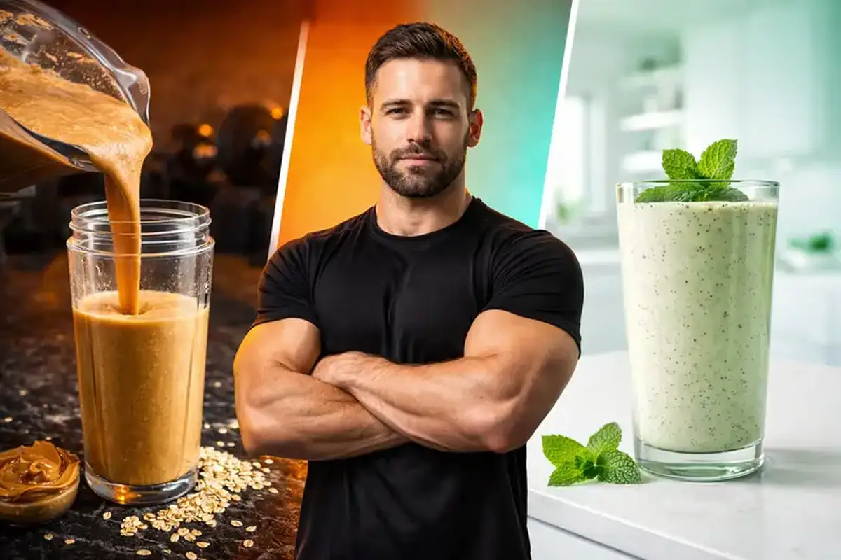 Mass gainer vs meal replacement shakes comparison guide by pro fitness coach showing thick calorie-dense shake on left and lean nutrient shake on right