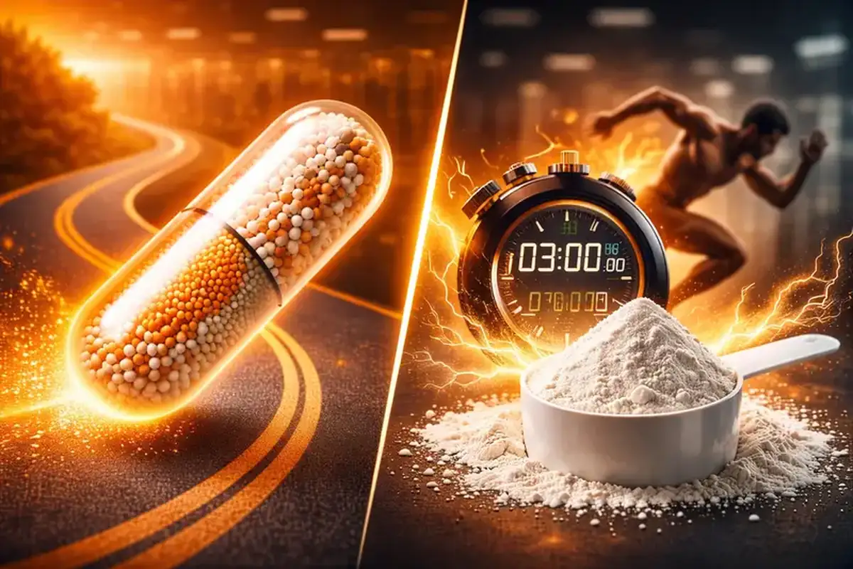 Slow-release caffeine capsules versus instant caffeine powder for endurance athletes, comparing sustained energy and performance timing.