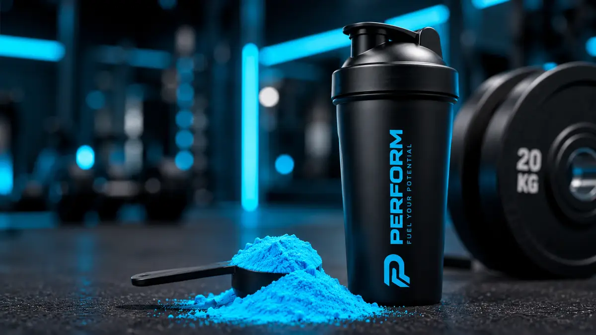 Pre-workout supplement scoop and shaker bottle on dark gym floor with electric cyan lighting, guide to matching pre-workout with training style and caffeine tolerance