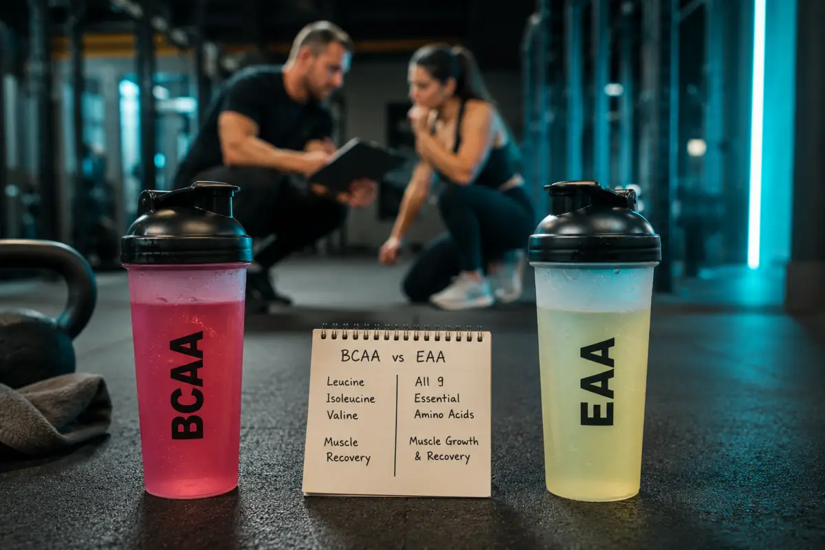 Two shaker bottles with pink BCAAs and yellow EAAs on a gym floor, comparing amino acid supplements for training.
