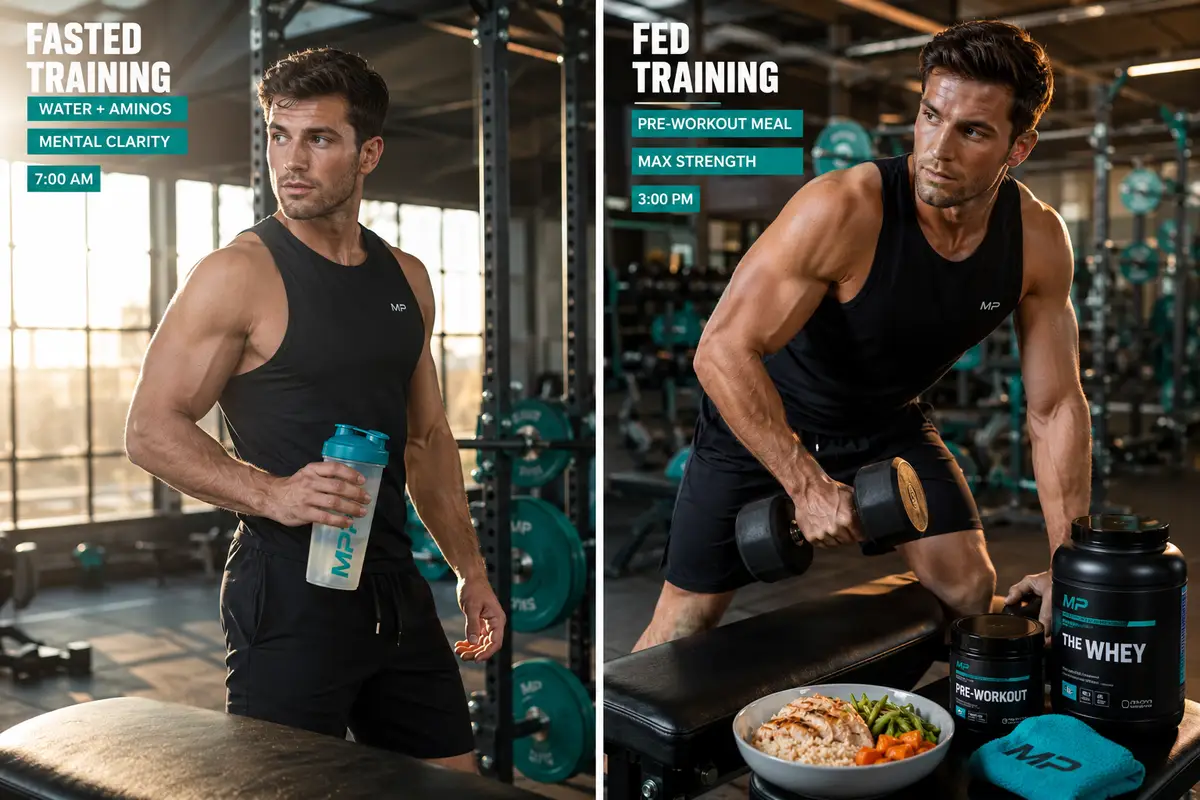 Split comparison of fasted versus fed training showing athlete with supplements in morning and afternoon gym sessions for optimal supplement timing guide.