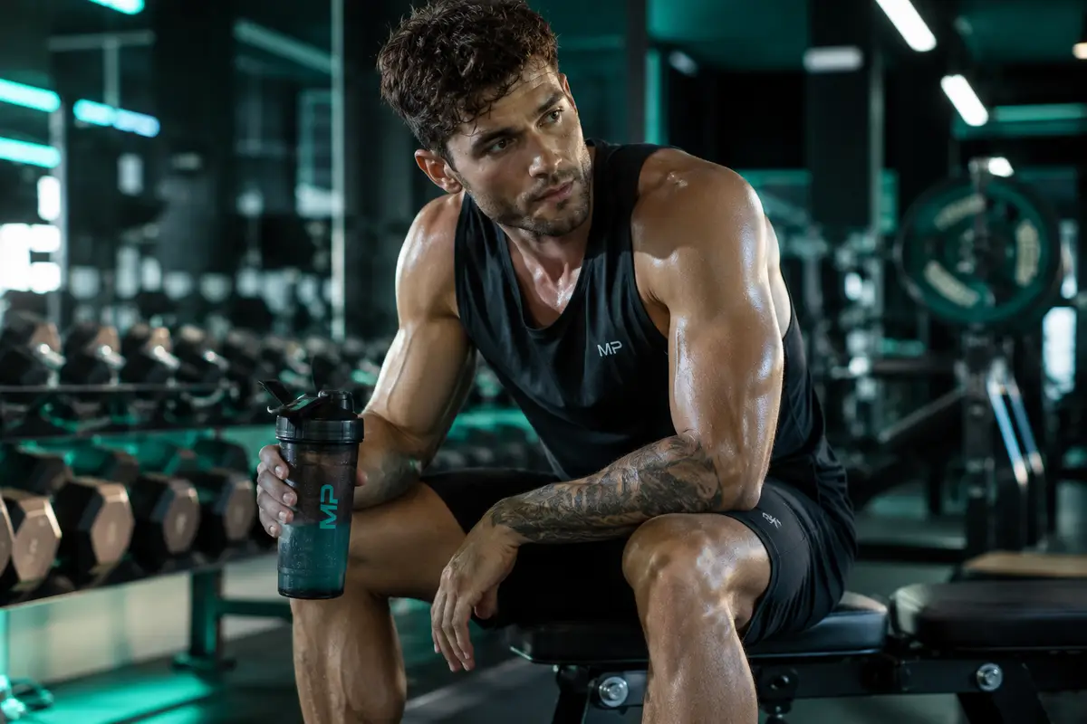 Athlete holding intra-workout shaker bottle with EAAs carbs and electrolytes during gym training session